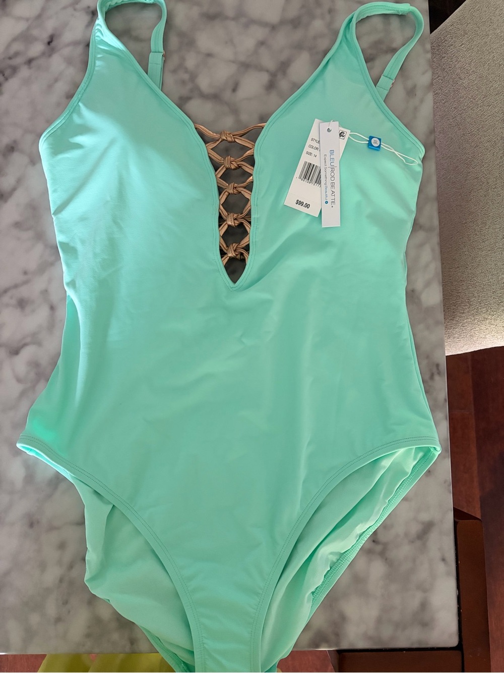 Bleu rod beattie mint Green One-Piece Swimsuit with gold back, Front Detail